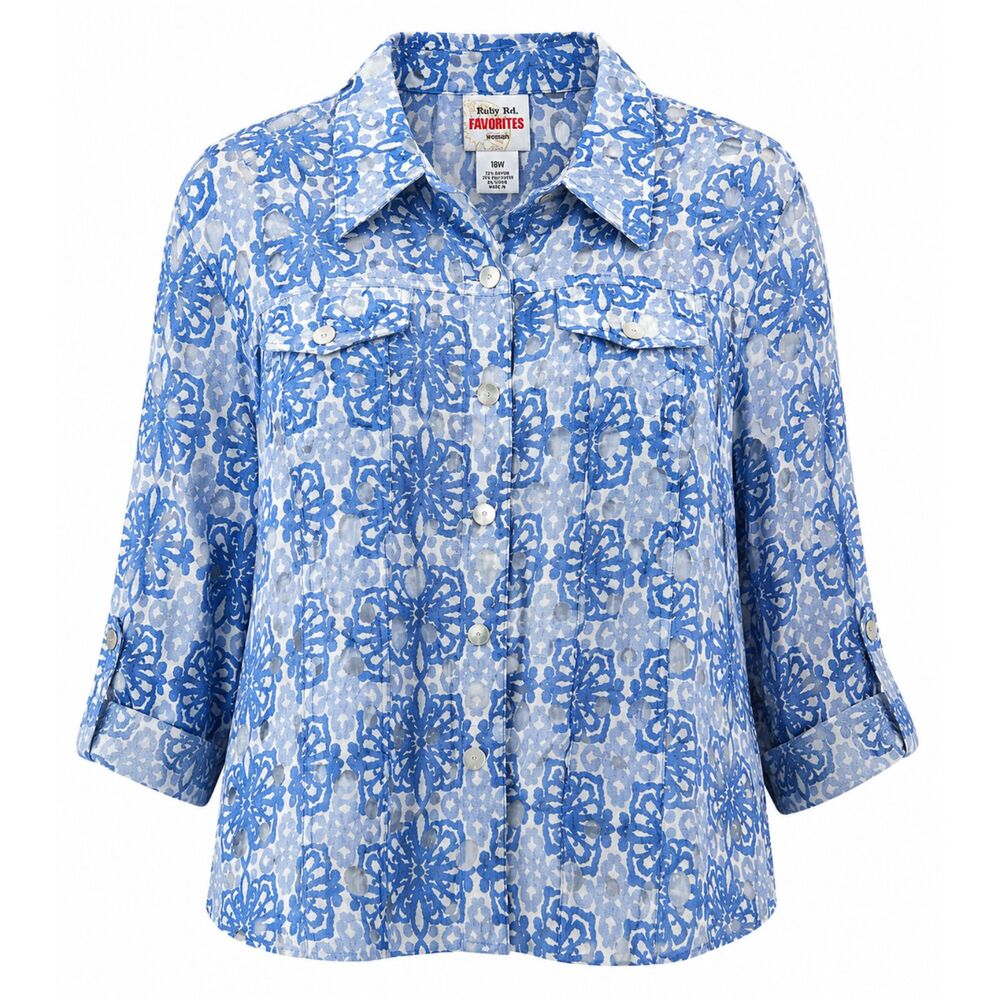 Ruby Rd Favorites Woman Floral Button Front Blouse 18W Blue White
